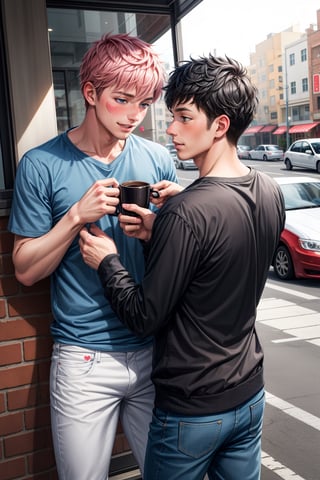 2boys, couple,yaoi, gay, san valentin, hearts, blush_sticker, blush, summer, love, loving, casual clothes, coffee,best quality