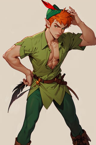 1boy, masterpiece, Beauty,peter pan, short hair, orange hair, green pants, green collared shirt, short sleeves, belt, brown footwear, hat feather, male focus, pointy ears, looking_at_viewer, open clothes, male_nipples,