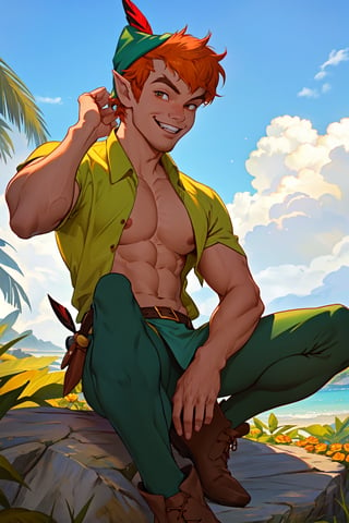 1boy, masterpiece, Beauty,peter pan, short hair, orange hair, green pants, shirtless, belt, brown footwear, hat feather, male focus, pointy ears, looking_at_viewer, open clothes,( male_nipples), smile, island, blue sky, ,HalloweenGlowStyle,More Detail,best quality