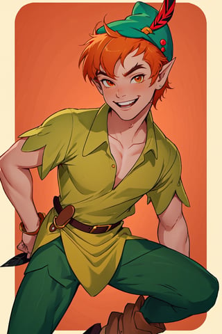 1boy, masterpiece, Beauty,peter pan, short hair, orange hair, green pants, green collared shirt, short sleeves, belt, brown footwear, hat feather, male focus, pointy ears, looking_at_viewer, open clothes, male_nipples, smile