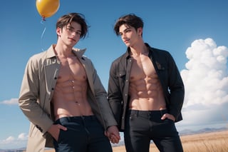 smile, short hair, brown hair, shirt, black hair, navel, holding, closed mouth, nipples, male focus, heart, outdoors, multiple boys, open clothes, sky, day, pants, cloud, 2boys, blue sky, coat, open shirt, muscular, abs, pectorals, yaoi, balloon, bare pectorals, red pants, heart balloon