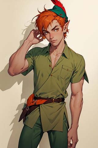 1boy, masterpiece, Beauty,peter pan, short hair, orange hair, green pants, green collared shirt, short sleeves, belt, brown footwear, hat feather, male focus, pointy ears, looking_at_viewer, open clothes, male_nipples,