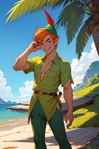 1boy, masterpiece, Beauty,peter pan, short hair, orange hair, green pants, green collared shirt, short sleeves, belt, brown footwear, hat feather, male focus, pointy ears, looking_at_viewer, open clothes,( male_nipples), smile, island, blue sky, 