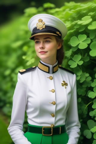 Irish girl in imperialofficer white uniform ,
Shiny whit and green garden of a green 🍀 leaf , 
Clover 🍀 background, 
Top 🎩  hat ,
8k uhd, 
dslr, bright lighting, 
high quality, film grain,
masterpiece quality,Fujifilm ,br1ghtdr3ssng,realg,more detail XL