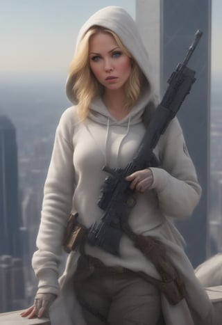 (+18) , nsfw, 
A sexy female sniper (Christina Applegate face)  , 
hiding in the roof of empire state building in new York city, 
AK47 rifle, 
Cleavage, 
Assassin creed hoodie, 

,