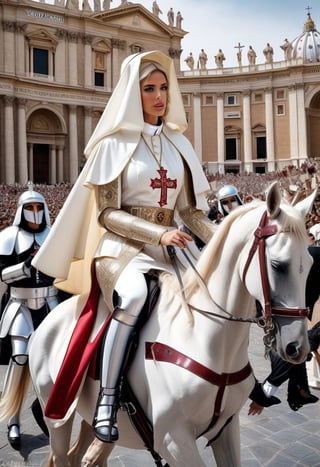 (+18) , surreal photorealistic, 
Photo of sexy (female pope)  riding a horse at the ((muslim vatican)) Square, 
proteced by sexy women dressed as knight templar ,
sex dress as riot police at the vatican, 
Muslim Stormtroopers, 
matte photo, 
 Canon 5d mark 4, kodak ektar , 
realistic 
 , art by J.C. Leyendecker