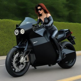 (+18) , nsfw, 
A sexy Gothic woman trying to ride a motorcycle:
1986 Kawasaki Ninja 1000R ,dc100