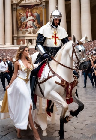 (+18) , 
Photo of sexy female Pope  riding a horse at the vatican Square, 
proteced by sexy women dressed as knight templar ,
sex dress as riot police at the vatican, matte photo, 
 Canon 5d mark 4, kodak ektar , 
realistic 
 , art by J.C. Leyendecker