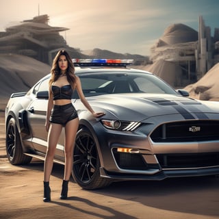 (+18) , nsfw, 
A sexy woman standing beside a Black and white (Police car) mustang with a siren on the moon surface, 
((Planet earth)) appears in  background, 

,c_car,APEX SUPER CARS XL ,echmrdrgn,NISSAN,secret,xray,transparent