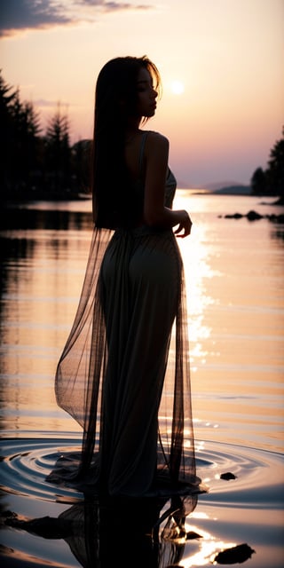 In the tranquil ambiance of a lakeside retreat at twilight, Isabella stands at the water's edge, framed by the soft, serene hues of the setting sun. The lake's surface reflects the sky's fading colors, creating a captivating mirror-like reflection.

Isabella's silhouette is striking against the twilight sky. She wears a flowing, diaphanous gown that catches the breeze, emphasizing her graceful form. Her hair is gently tousled by the evening wind, adding to the ethereal effect.

As the photographer captures the scene with a camera equipped with a telephoto lens, they focus on the interplay of light and shadow. Isabella's figure is a dark, captivating silhouette against the glowing horizon, while her reflection shimmers like a mirage on the tranquil water's surface.

The resulting photograph is a study in contrast, a harmonious blend of silhouette and reflection. Isabella stands as a mysterious figure against the twilight, her presence accentuated by the serene beauty of the natural setting. It's an image that evokes a sense of contemplation and wonder, where the boundaries between reality and reflection blur in the enchanting twilight hour.