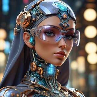 (highres,masterpiece:1.2),ultra-detailed, realistic, physically-based rendering, cyborg woman, Ultra-Modern Burqa or veil, electronic systems on-head humanoids, with a detailed brain that you can see, cranial mechanical parts representation, female face, beautiful detailed eyes, beautiful detailed lips, muscle wire, flesh-colored skin, metallic elements, digital interface ,glowing circuitry, advanced sensors, ((Translucent mask-Glasses)) ,high-tech prosthetics, seamless integration, artificial intelligence, technological enhancements, wearable technology,modern aesthetics,bionic enhancements,advanced biotechnology,sleek and futuristic design,blending of human and machine,symbolic representation of human evolution,harmonious coexistence of organic and synthetic components,vivid colors,dynamic lighting