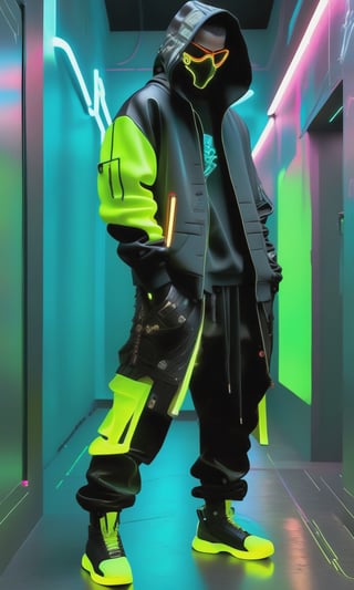 Full-length, standing in the corridor, 1guy dressed in a sweatshirt, a cyber mask connected to a hood, wide trousers with pockets, neon elements on the clothes glow, dark, masterpiece. (Cyberpunk style). TechStreetwear,Digital_Madness,TechStreetwear,Glass Elements