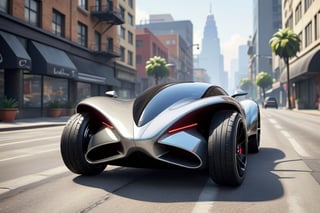 futuristic hi-tech, z type Gta5 Sleek Art deco-inspired, smooth body work, larger rear wheels, Shiny black and Silver Chrome Exhaust pipes, (((Black wheels))), black rubber tyres, on the road in city area background, at Midday time, Front Side view, symmetrical,