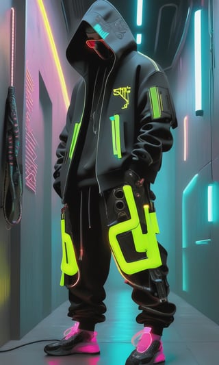 Full-length, standing in the corridor, 1guy dressed in a sweatshirt, a cyber mask connected to a hood, wide trousers with pockets, neon elements on the clothes glow, dark, masterpiece. (Cyberpunk style). TechStreetwear,Digital_Madness,TechStreetwear,Glass Elements