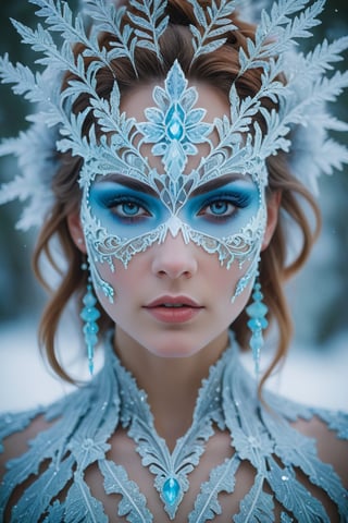 Rorschach Editorial Photography, Portrait, Frost Goddess, Neo Tribal frost Art, ((Background Christmas Tree:1.2) Bokeh:0.7), frost crystal
