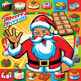 christmas pop art, santa claus, fruitcake, harmonious and unified,full of anticipation and excitement,nostalgic and reminiscent, industrial lighting,