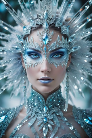 Rorschach Editorial Photography, close up Portrait, Frost Goddess, Neo Tribal frost Art, ((Background Christmas Tree:1.2) Bokeh:0.7), frost crystal,Glass Elements