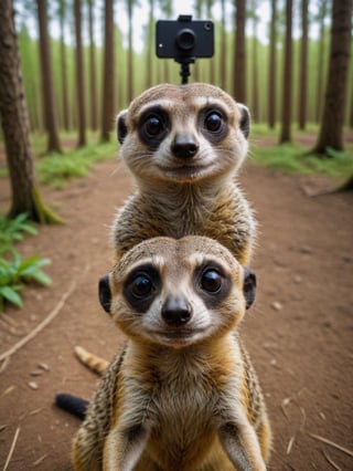 a meerkat takes a selfie in the forest, in the style of fisheye effects, somber mood, strong facial expression, wimmelbilder, tilt shift,grain_of_film,cinematic_grain_of_film,cinematic_warm_color,Glass Elements