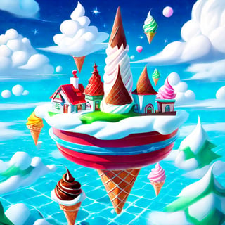 SnowStyle city, ((((floating))) (huge three scoops ice cream (((city levitating))) melting) (in the sky)), white-red-green glowing, (ice cream city on sky) palace above the clouds, magical reality, in a waffle cone, santa claus house, christmas forest