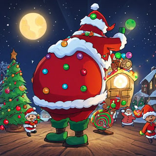 christmas art, madness style, santa claus, fruitcake, harmonious and unified, full of anticipation and excitement, nostalgic and reminiscent, industrial lighting, cartoon moonster, bangerooo