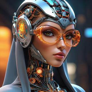 (highres,masterpiece:1.2),ultra-detailed,realistic,physically-based rendering,cyborg woman,Ultra-Modern Burqa, electronic systems on-head humanoids,with a detailed brain that you can see,cranial mechanical parts representation,female face,beautiful detailed eyes,beautiful detailed lips,muscle wire,flesh-colored skin,metallic elements,digital interface,glowing circuitry,advanced sensors, ((((Translucent mask-Glasses)))) ,high-tech prosthetics,seamless integration,artificial intelligence,technological enhancements,wearable technology,modern aesthetics,bionic enhancements,advanced biotechnology,sleek and futuristic design,blending of human and machine,symbolic representation of human evolution,harmonious coexistence of organic and synthetic components,vivid colors,dynamic lighting