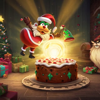 christmas art, madness style, santa claus, fruitcake, harmonious and unified, full of anticipation and excitement, nostalgic and reminiscent, industrial lighting, cartoon moonster, bangerooo