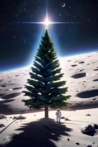 Astronaut decorates a skinny Christmas tree on the surface of the Moon, the sky is visible, the earth shines in the sky, low angle shot, wide angle, sharp shadows, high quality textures, masterpiece,