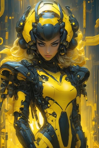a woman dressed is a yellow and black dress with a helmet, in the style of cyberpunk realism, zbrush, argus c3, made of insects, industrial machinery aesthetics, shiny eyes, high definition