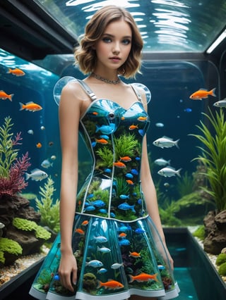 A harmonious blend of nature and technology. (Dress made from fish tank), a futuristic realm,  portrait, detailed eyes, posing for photo