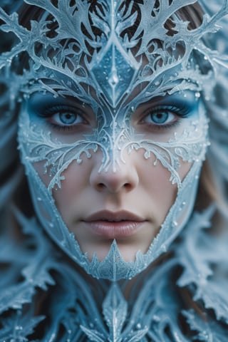 Rorschach Editorial Photography, Extreme Close Up Portrait, Frost Goddess, Neo Tribal frost Art, ((Background Christmas Tree:1.2) Bokeh:0.7), frost crystal