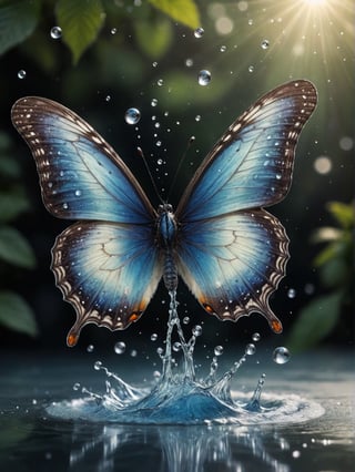 high quality, highly detailed, 8K Ultra HD, butterfly made of water spray, In this enchanting artwork, the very essence of water transforms into ethereal butterflies, each droplet gracefully adorning the wings of a butterfly in flight, The translucence of the water captures the delicate beauty of the butterfly, as if nature has granted fleeting wings to the liquid essence, The intricate patterns formed by these aquatic butterflies evoke a sense of enchantment, their ephemeral forms suspended in time, The play of light on their wings adds a touch of magic, turning ordinary droplets into a symphony of aquatic butterflies, dancing in the realm where water meets whimsical flight, by yukisakura, awesome full color,