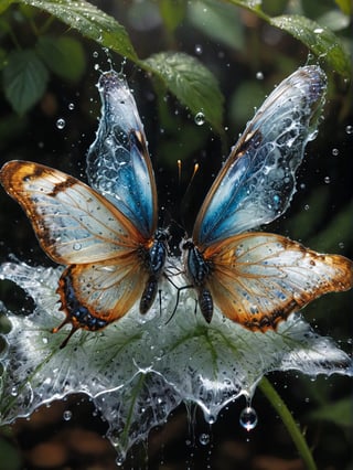 high quality, highly detailed, 8K Ultra HD, butterfly made of water spray, In this enchanting artwork, the very essence of water transforms into ethereal butterflies, each droplet gracefully adorning the wings of a butterfly in flight, The translucence of the water captures the delicate beauty of the butterfly, as if nature has granted fleeting wings to the liquid essence, The intricate patterns formed by these aquatic butterflies evoke a sense of enchantment, their ephemeral forms suspended in time, The play of light on their wings adds a touch of magic, turning ordinary droplets into a symphony of aquatic butterflies, dancing in the realm where water meets whimsical flight, by yukisakura, awesome full color, add_more_creative,mad-marbled-paper