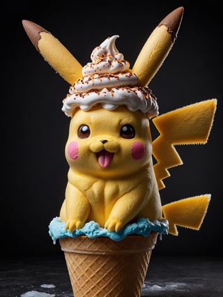 Dark background, RAW photo, a side view portrait, big ice-cream cone with 1Pikachu head, ice-cream on head, with passion, looking serene, high detail,