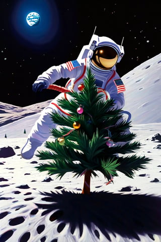 An astronaut decorating a scraggly Christmas tree on the surface of the moon, the sky is prominently featured, the earth shines in sky, low angle shot, wide angle