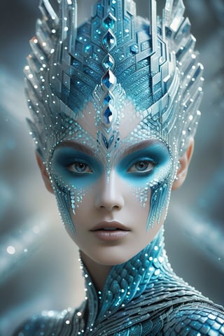 Rorschach Editorial Photography, close up Face, Frost Goddess, Neo Tribal frost Art, detailed skin, ((Background Christmas Tree:1.2) slight Bokeh:0.7), frost crystal,Hexagonal Scales,Movie Aesthetic,Glass Elements,(Transperent Parts)
