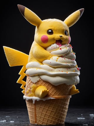 Dark background, RAW photo, a side view portrait, big ice-cream cone with 1Pikachu head, ice-cream on head, eats ice-cream greedily, looking serene, high detail,