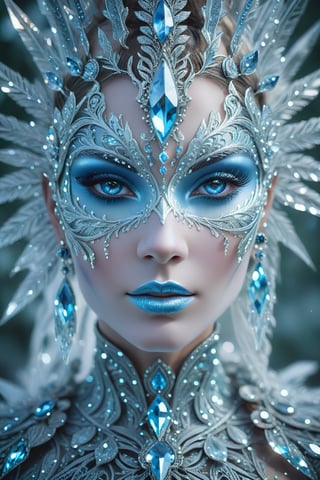 Rorschach Editorial Photography, close up Face, Frost Goddess, Neo Tribal frost Art, detailed skin, ((Background Christmas Tree:1.2) Bokeh:0.7), frost crystal,Glass Elements