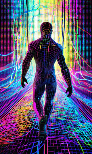 Psychedelic net dive, a cyber-surfer navigating through a web of neon-lit data streams, dodging digital obstacles with fluid grace. , Artificial intelligence, Blade punkByteBlade