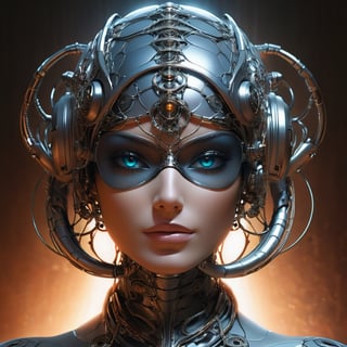 (highres,masterpiece:1.2),ultra-detailed, realistic, physically-based rendering, cyborg woman, Ultra-Modern Burqa or veil, electronic systems on-head humanoids, with a detailed brain that you can see, cranial mechanical parts representation, female face, beautiful detailed Eyes, Snake Pupils, beautiful detailed lips, muscle wire, flesh-colored skin, metallic elements, digital interface ,glowing circuitry, advanced sensors, ((Translucent mask-Glasses)) ,high-tech prosthetics, seamless integration, artificial intelligence, technological enhancements, wearable technology,modern aesthetics,bionic enhancements,advanced biotechnology,sleek and futuristic design,blending of human and machine,symbolic representation of human evolution,harmonious coexistence of organic and synthetic components,vivid colors,dynamic lighting,Gric,more detail XL