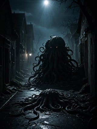 realistic photography, a small sleepy town, dark night, ground cracks open, monstrous entity, The creature revealed, colossal tentacles sprawled across the town, smashing houses and trees. light from the fissure, shadows, high-contrast, dynamic scene, sense of horror,Movie Still,Extremely Realistic