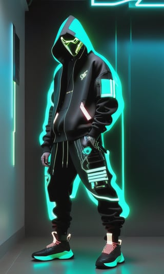 Full-length, standing in the corridor, 1guy dressed in a sweatshirt, a cyber mask connected to a hood, wide trousers with pockets, neon elements on the clothes glow, dark, masterpiece. (Cyberpunk style). TechStreetwear,Digital_Madness,TechStreetwear,Glass Elements