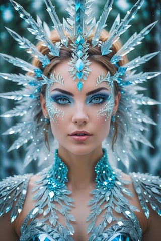 Rorschach Editorial Photography, midshot Portrait, Frost Goddess, Neo Tribal frost Art, ((Background Christmas Tree:1.2) Bokeh:0.7), frost crystal,Glass Elements