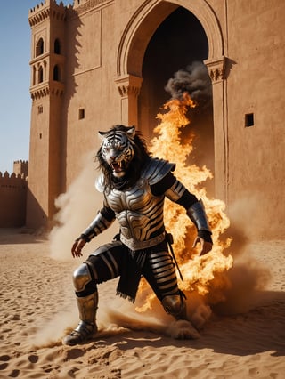 + Metalhead, Tigre, Q2, nomad, in Moroccan desert castle, full body photo view, Horror wave, burning, abyssal, epic cinematographic shot of moving dynamics, main theme of a high budget action film, rough photography, motion blur, better quality, high resolution,