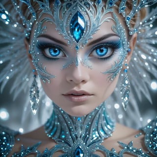 Rorschach Editorial Photography, close up Face, Frost Goddess, Neo Tribal frost Art, detailed skin, ((Background Christmas Tree:1.2) Bokeh:0.7), frost crystal,Glass Elements,(Transperent Parts),BIG EYES