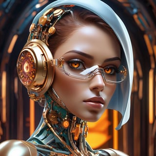 (highres,masterpiece:1.2),ultra-detailed,realistic,physically-based rendering,cyborg woman,Ultra-Modern Burqa, electronic systems on-head humanoids,with a detailed brain that you can see,cranial mechanical parts representation,female face,beautiful detailed eyes,beautiful detailed lips,One eyebrow is raised, biting her lower lip,muscle wire,flesh-colored skin,metallic elements,digital interface,glowing circuitry,advanced sensors, ((((Translucent mask-Glasses)))) ,high-tech prosthetics,seamless integration,artificial intelligence,technological enhancements,wearable technology,modern aesthetics,bionic enhancements,advanced biotechnology,sleek and futuristic design,blending of human and machine,symbolic representation of human evolution,harmonious coexistence of organic and synthetic components,vivid colors,dynamic lighting