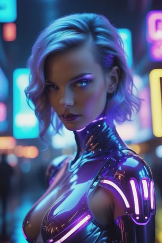 Hyperrealistic, art cinematic, photo Neon noir, beautiful woman semi robot, She is dressed in ((ultraviolet latex glows softly)), transparent armor elements,. Cyberpunk, dark, rainy streets, neon signs, high contrast, low light, vibrant, highly detailed . 35mm photograph, film, bokeh, professional, 4k, highly detailed . Extremely high-resolution details, photographic, realism pushed to extreme, fine texture, incredibly lifelike, 