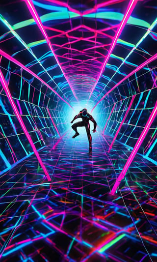 Psychedelic net dive, a cyber-surfer navigating through a web of neon-lit data streams, dodging digital obstacles with fluid grace. , Artificial intelligence, Blade punkByteBlade