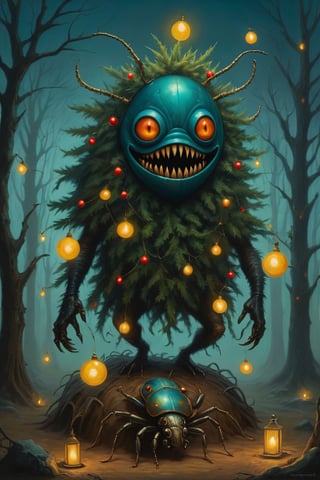 (Christmas Tree monster), beetles that look like a garland glow, in the style of esao andrews,bangerooo,esao andrews style,esao andrews art