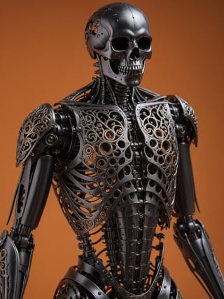 masterpiece, intricate details, dark metal black skeleton cyborg, exquisite delicate metal body structure, intricate detailed filigree delicate inner structure, (voids in body:1.3), (voids in body:1.3), (gaps in body:1.3), (holes in body:1.3), (hollows in body:1.3), close-up shot of torso, see through body, orange background