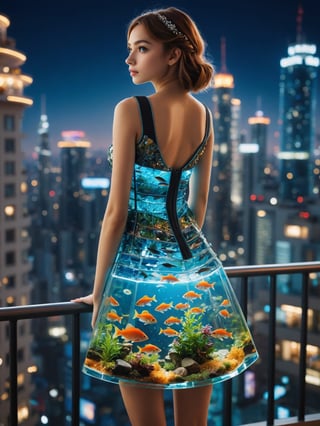 A harmonious blend of nature and technology. (Dress made from fish tank), a futuristic realm, Evening, 1Girl on the balcony, ultra hi-tech cityscape, light bokeh portrait, detailed eyes, posing for photo, hiding his hands behind his back,cinematic_warm_color,Movie Still